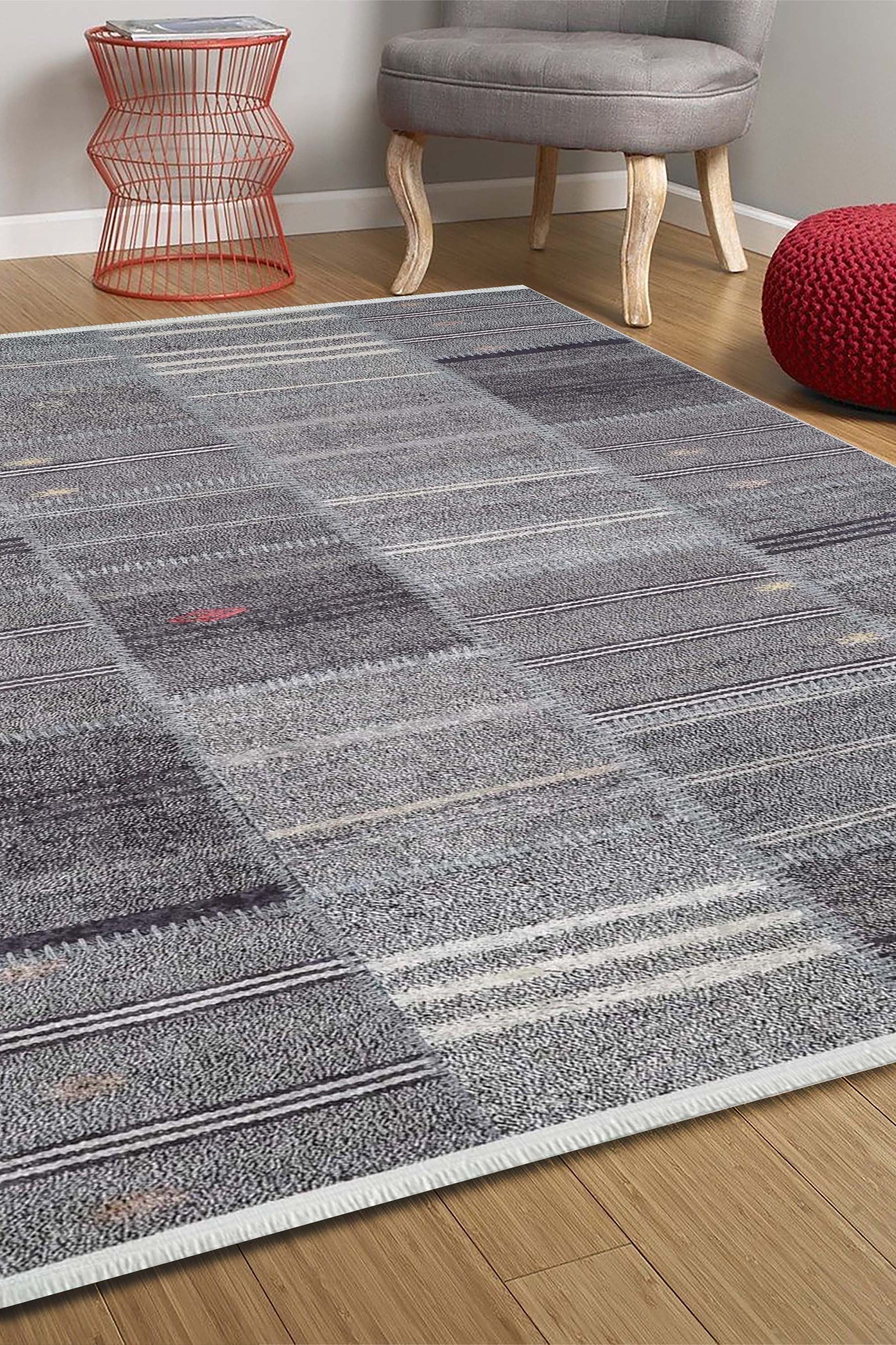 Saada Turkish Kilim Gray Solid Striped Rug