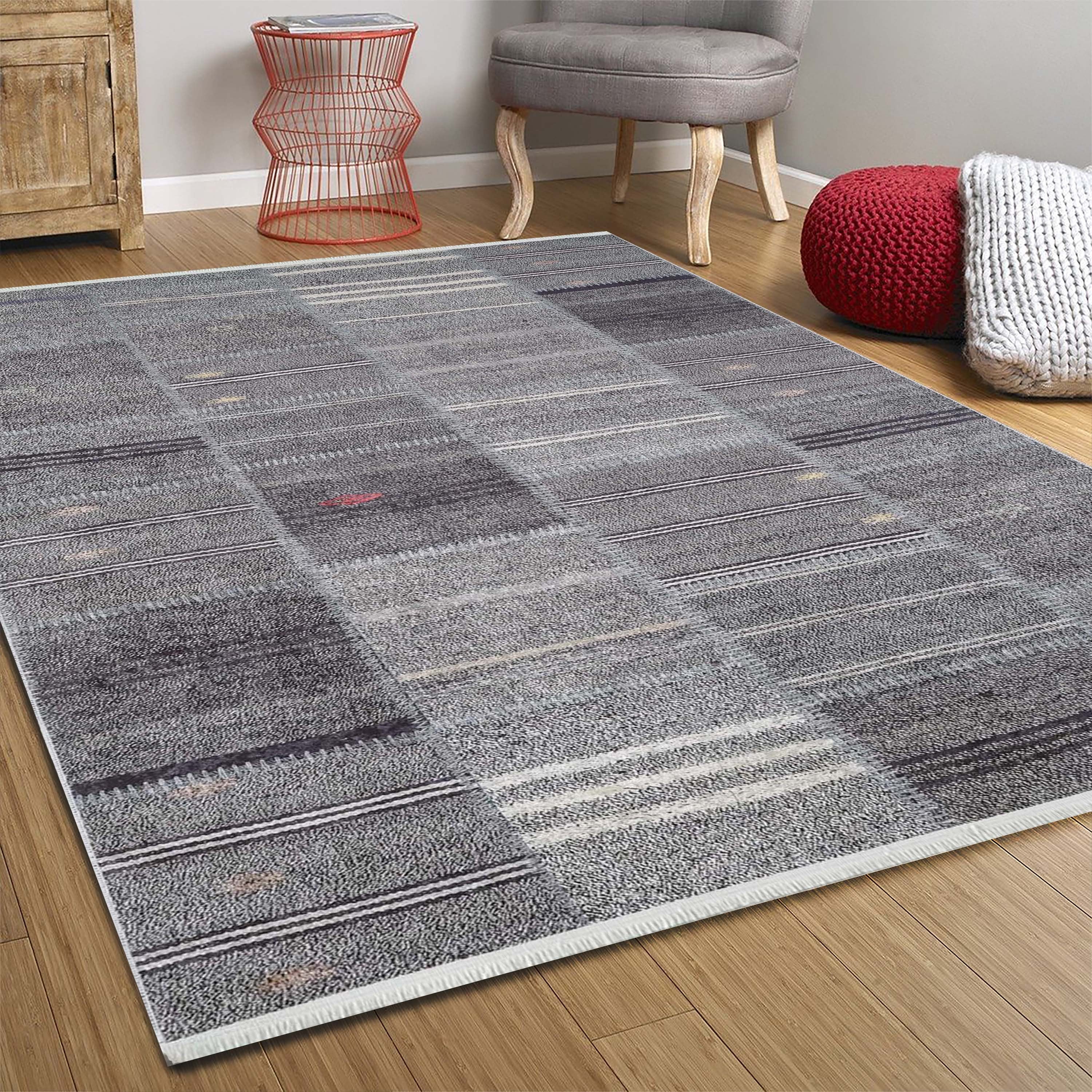 Saada Turkish Kilim Gray Solid Striped Rug