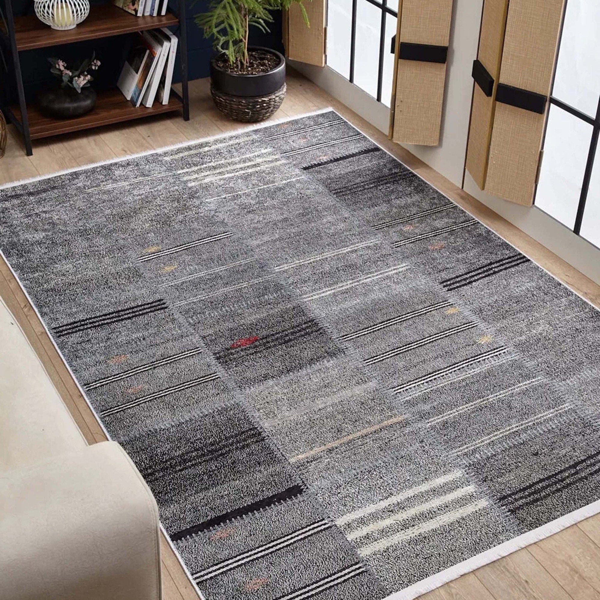 Saada Turkish Kilim Gray Solid Striped Rug