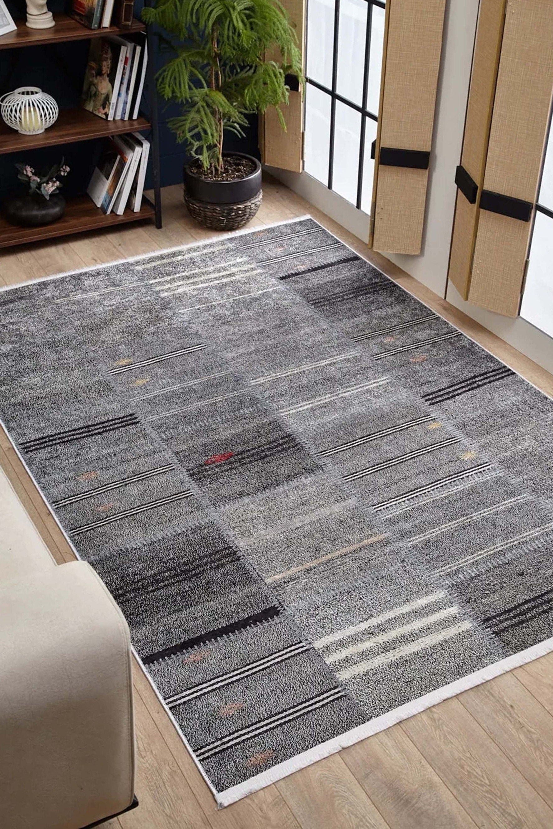 Saada Turkish Kilim Gray Solid Striped Rug