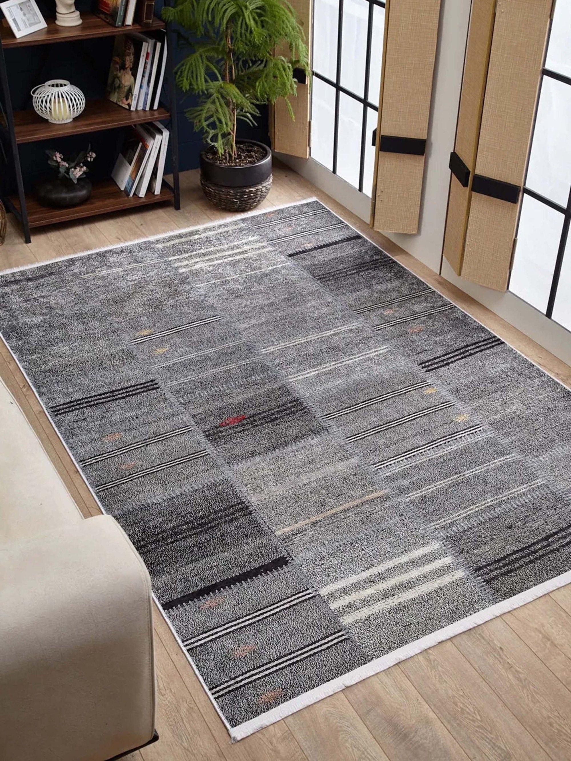 Saada Turkish Kilim Gray Solid Striped Rug