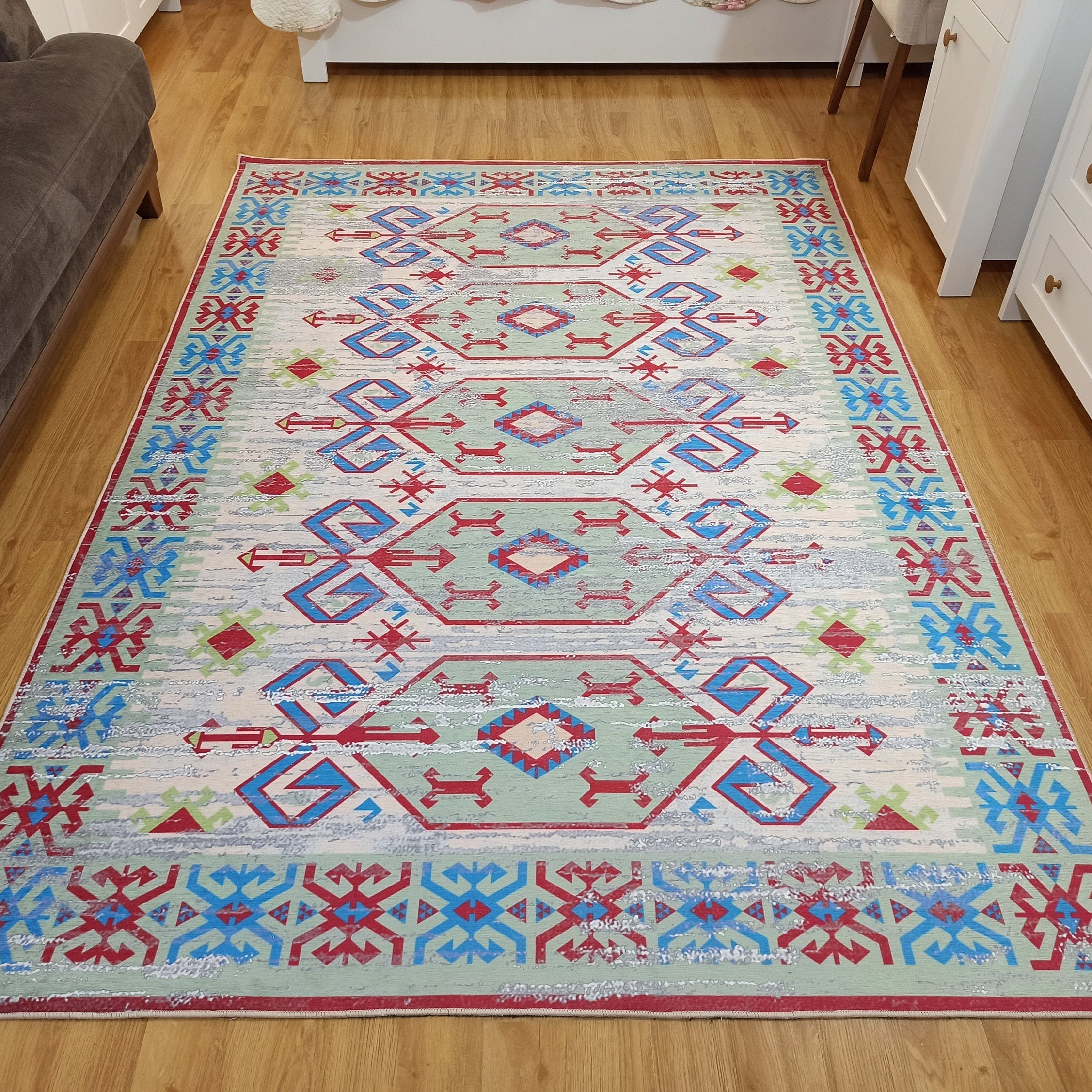 Sama Rug Turkish Faded Beige Red Green Blue Rug