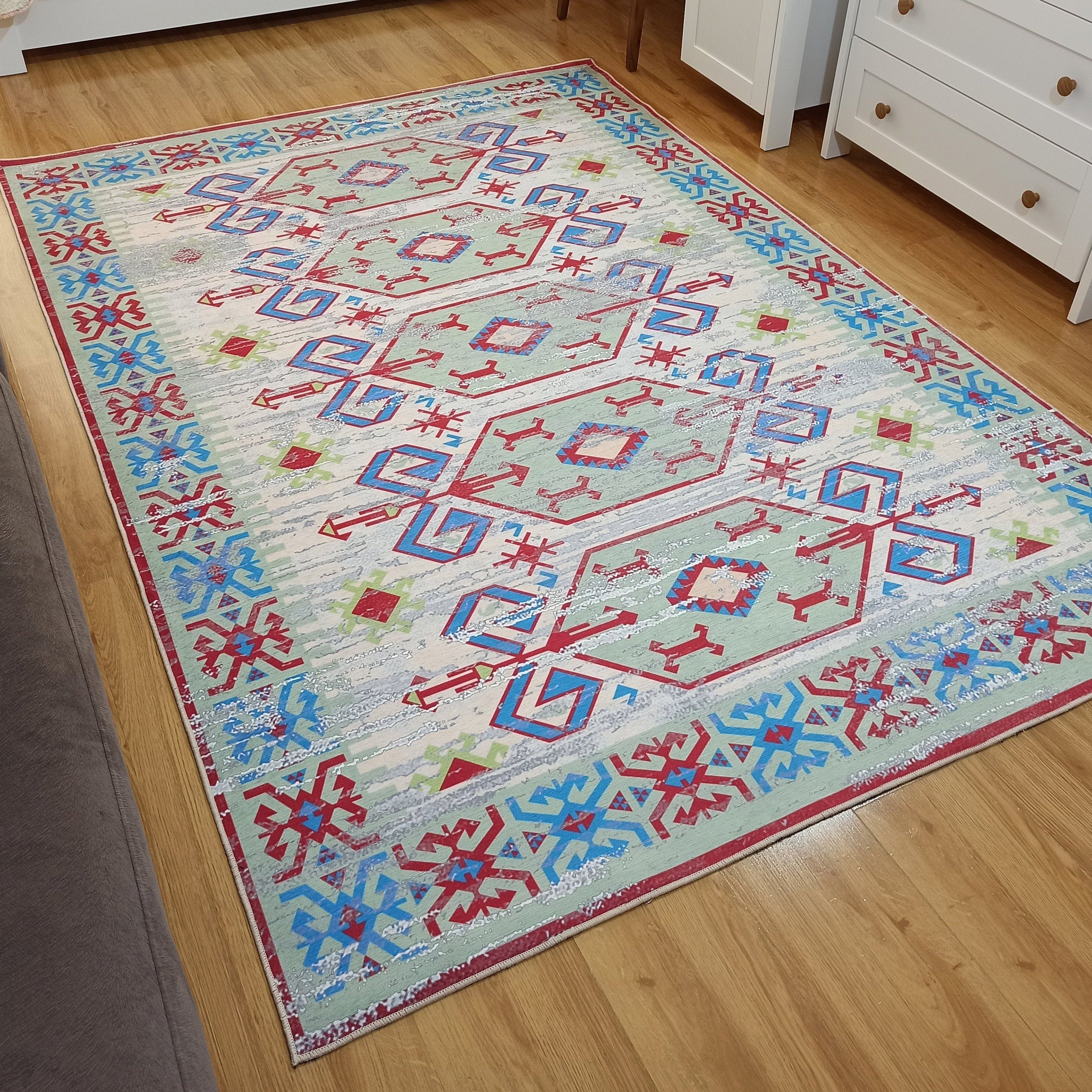 Sama Rug Turkish Faded Beige Red Green Blue Rug