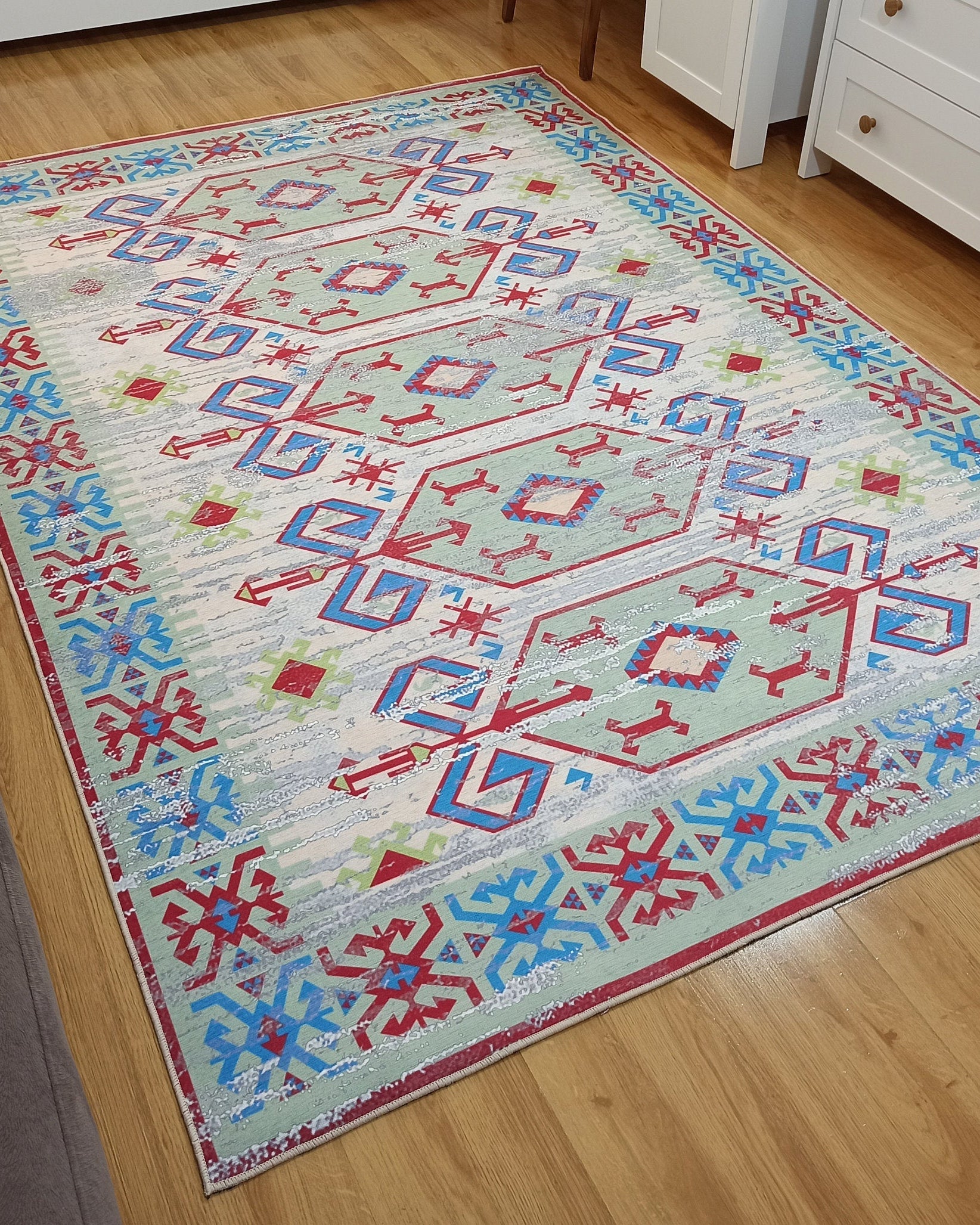 Sama Rug Turkish Faded Beige Red Green Blue Rug