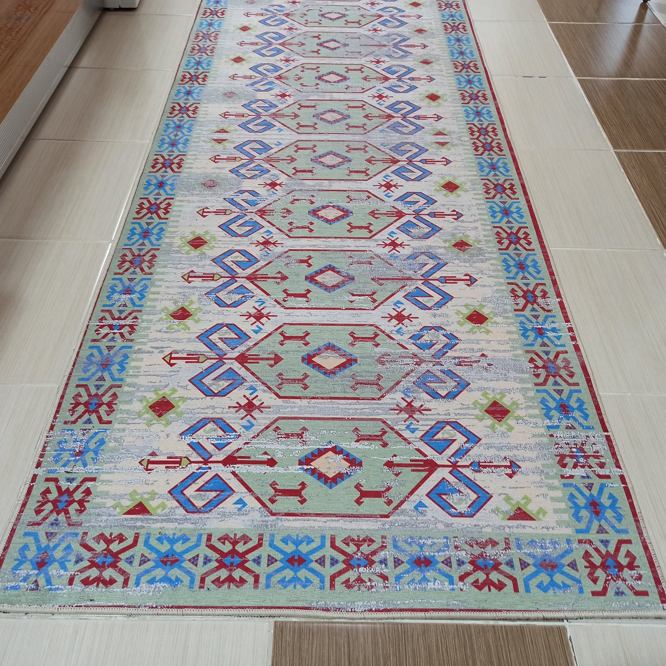 Sama Rug Turkish Faded Beige Red Green Blue Rug
