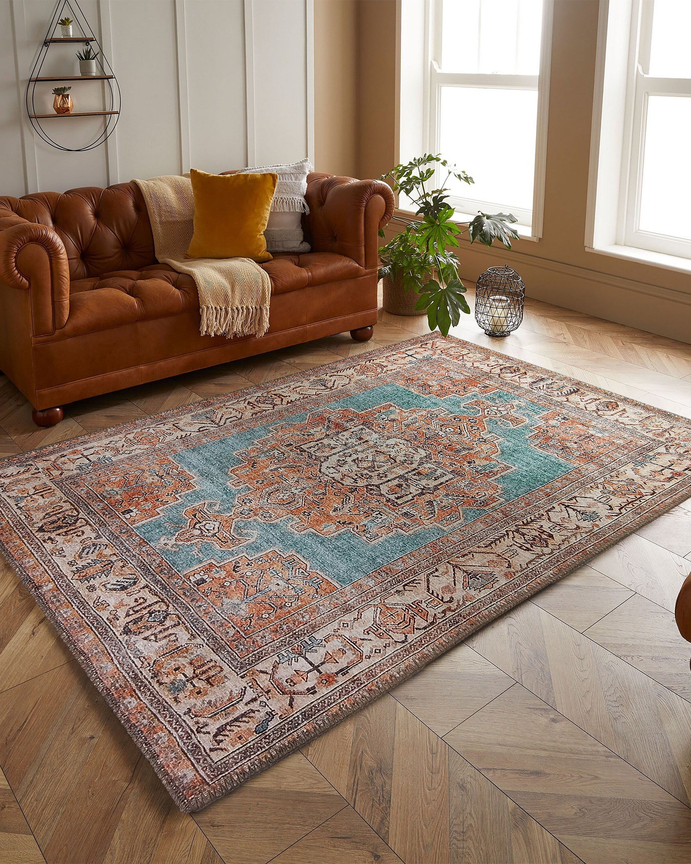 Samiha Rug Turkish Orange Beige Turquoise Rug