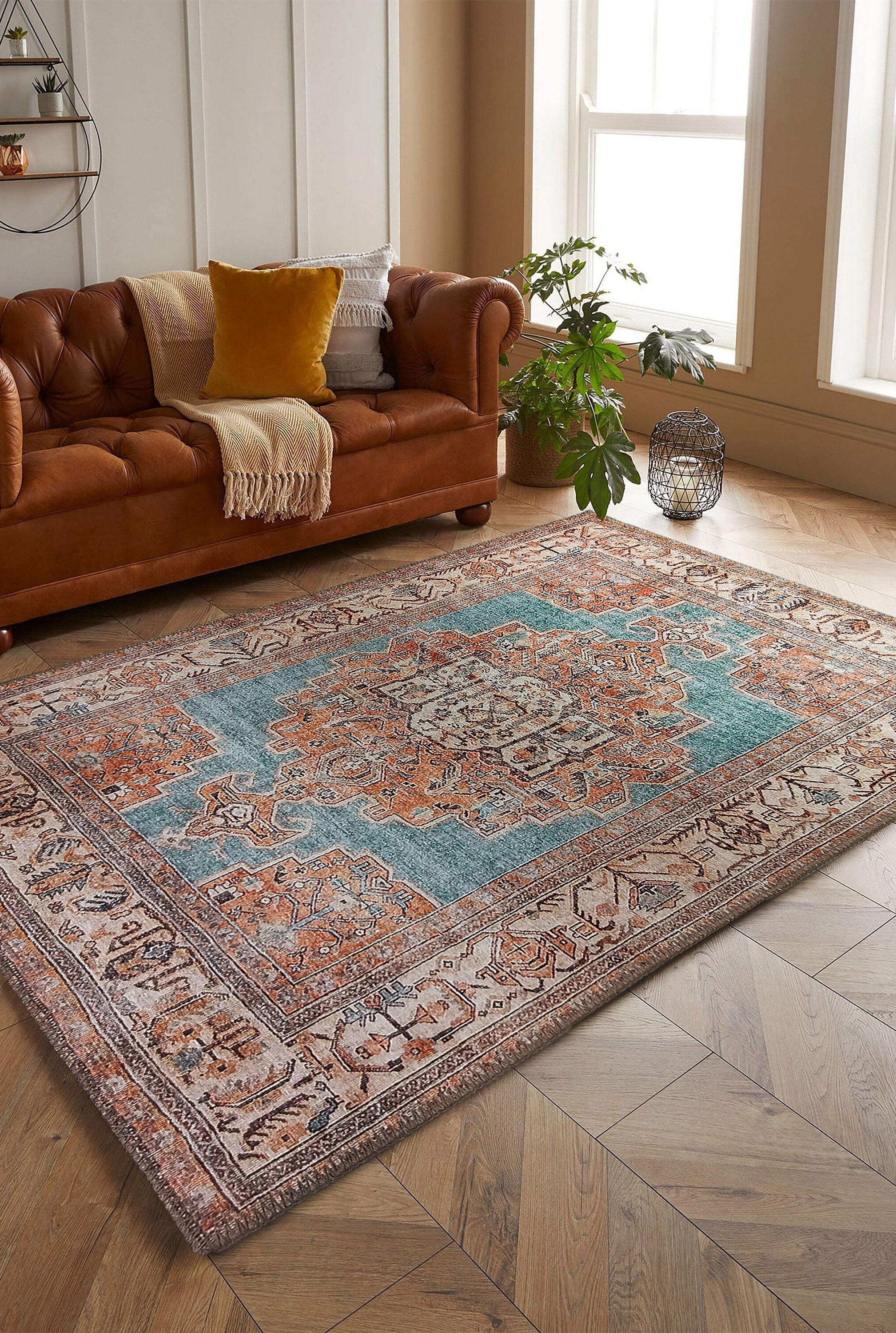 Samiha Rug Turkish Orange Beige Turquoise Rug