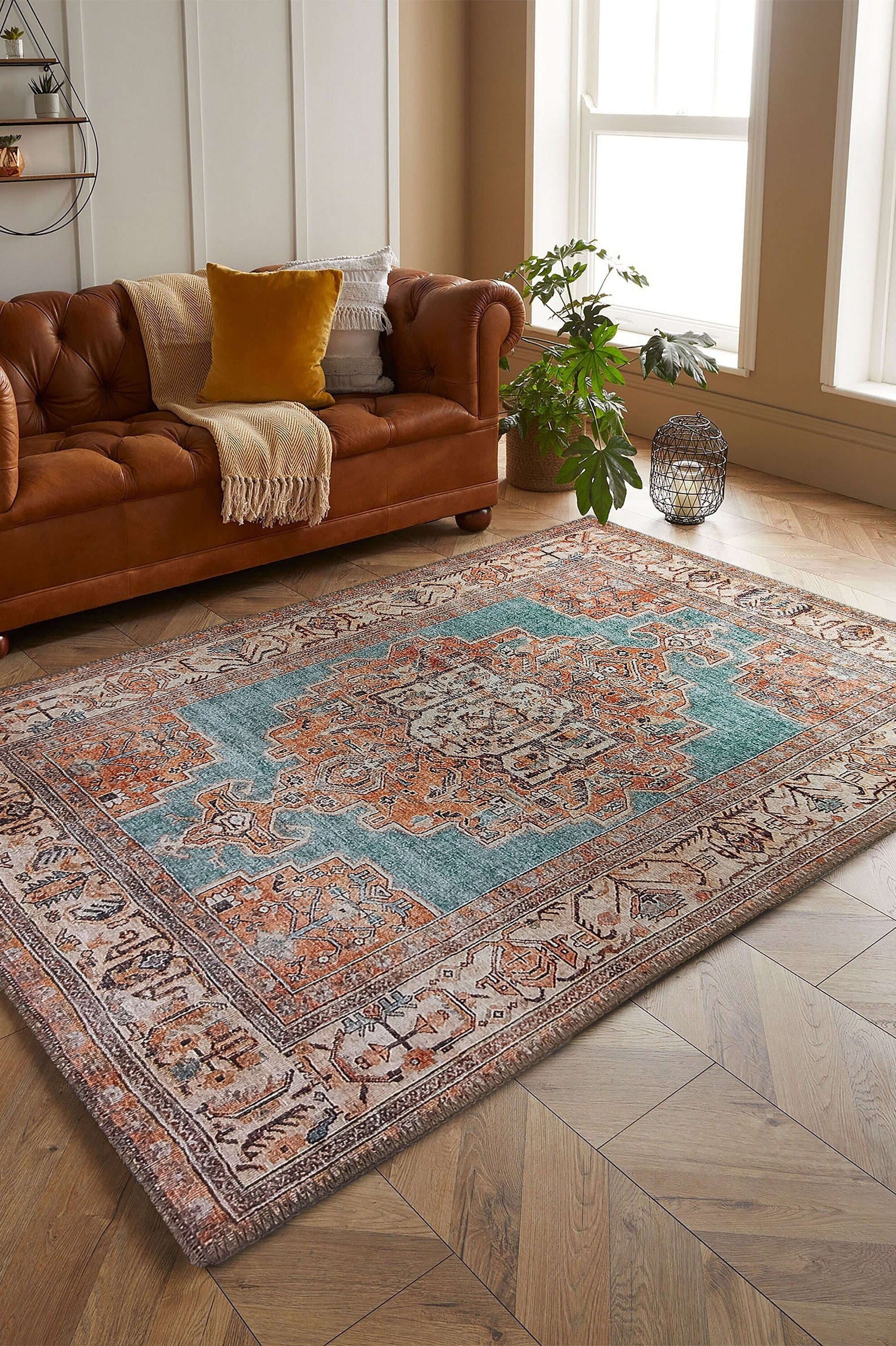Samiha Rug Turkish Orange Beige Turquoise Rug