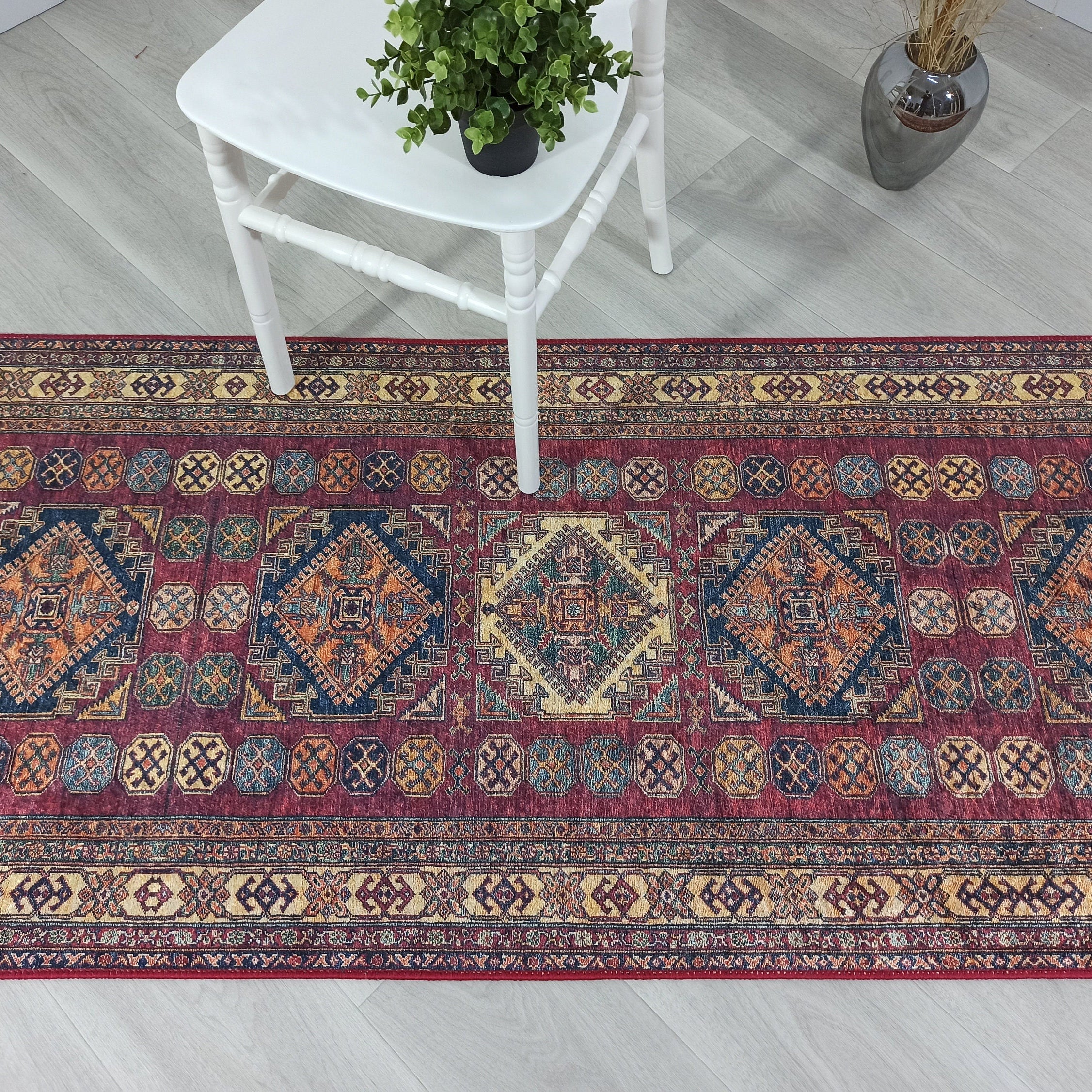 San-Runner Turkish Burgundy Dark Red Runner Rug