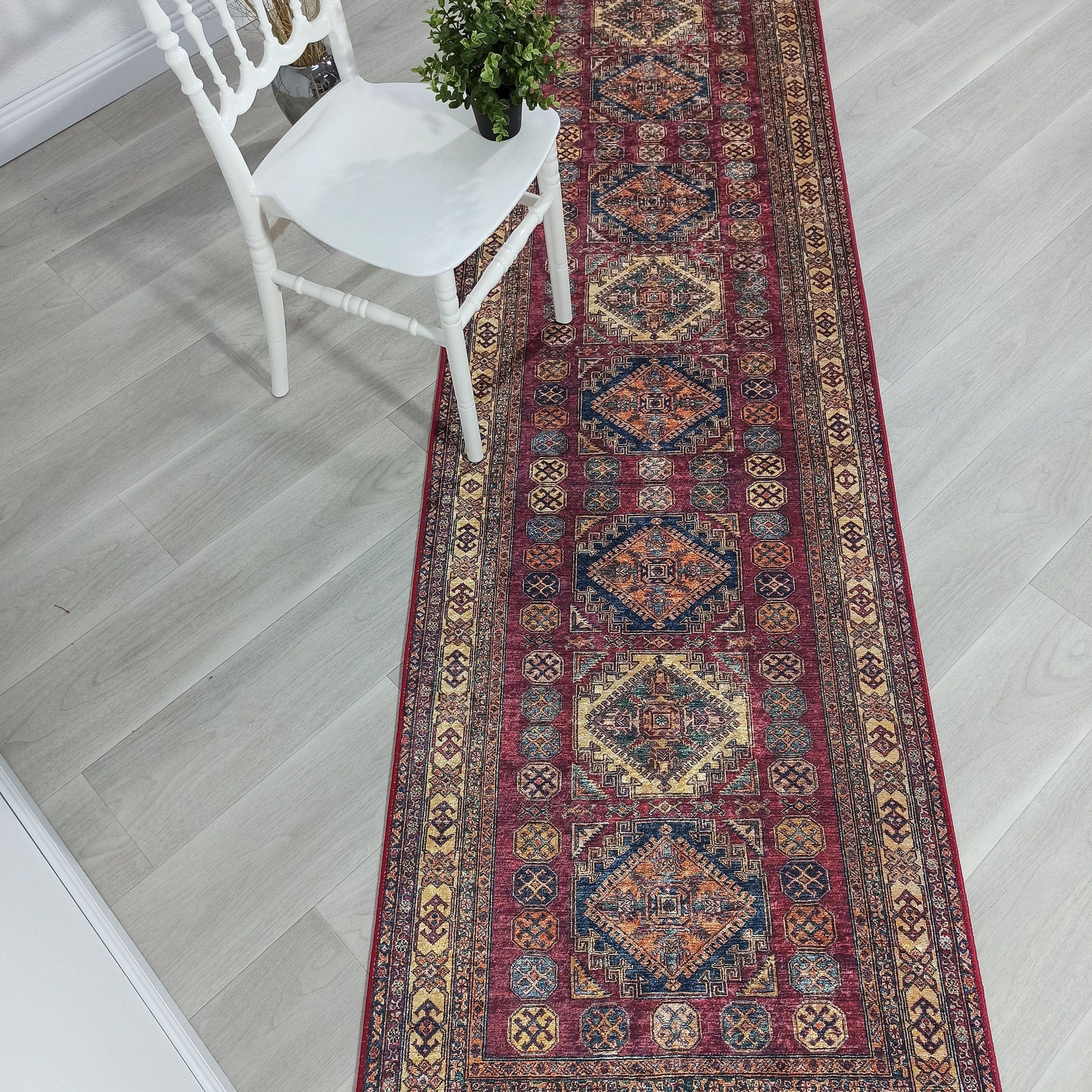 San-Runner Turkish Burgundy Dark Red Runner Rug