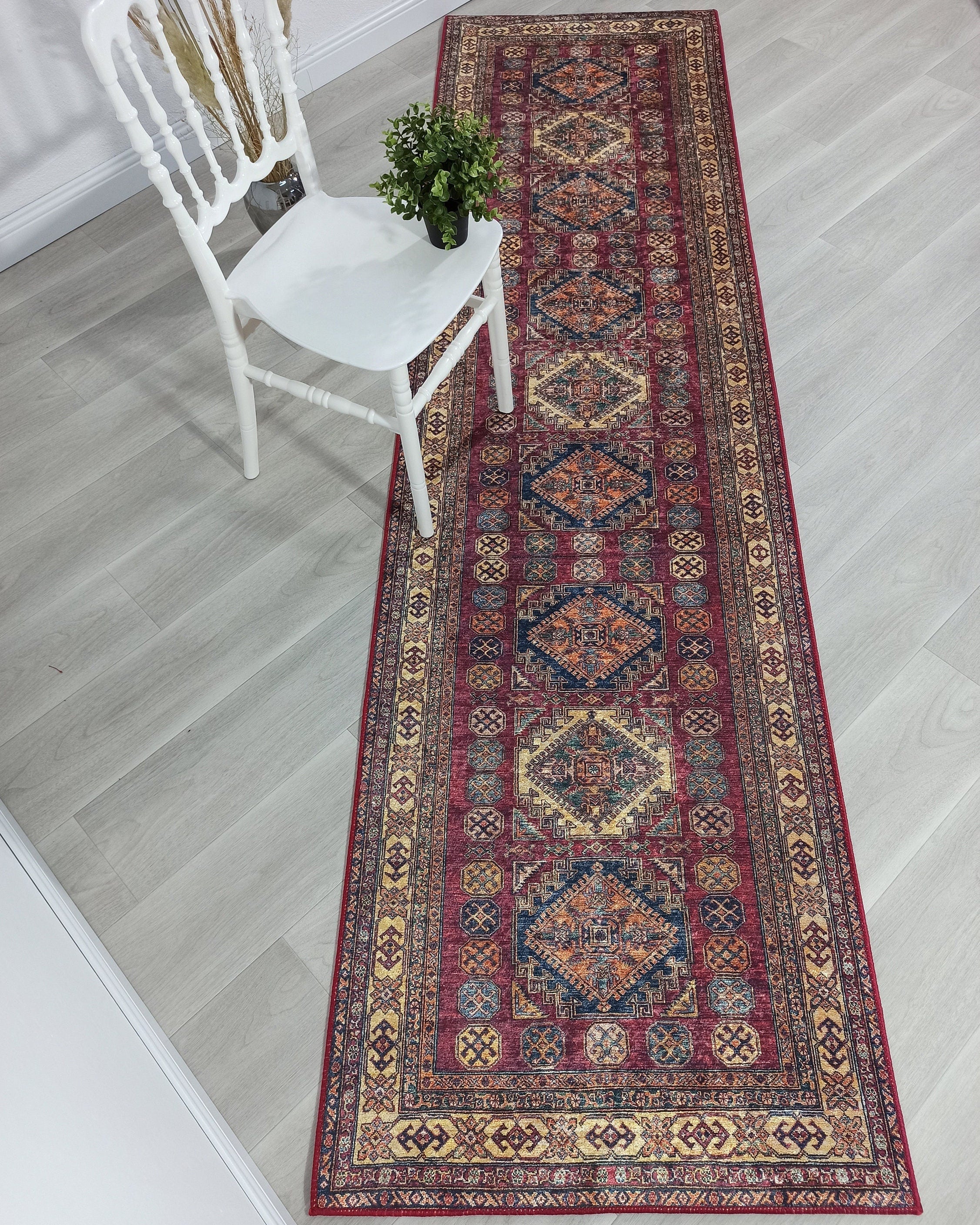 San-Runner Turkish Burgundy Dark Red Runner Rug