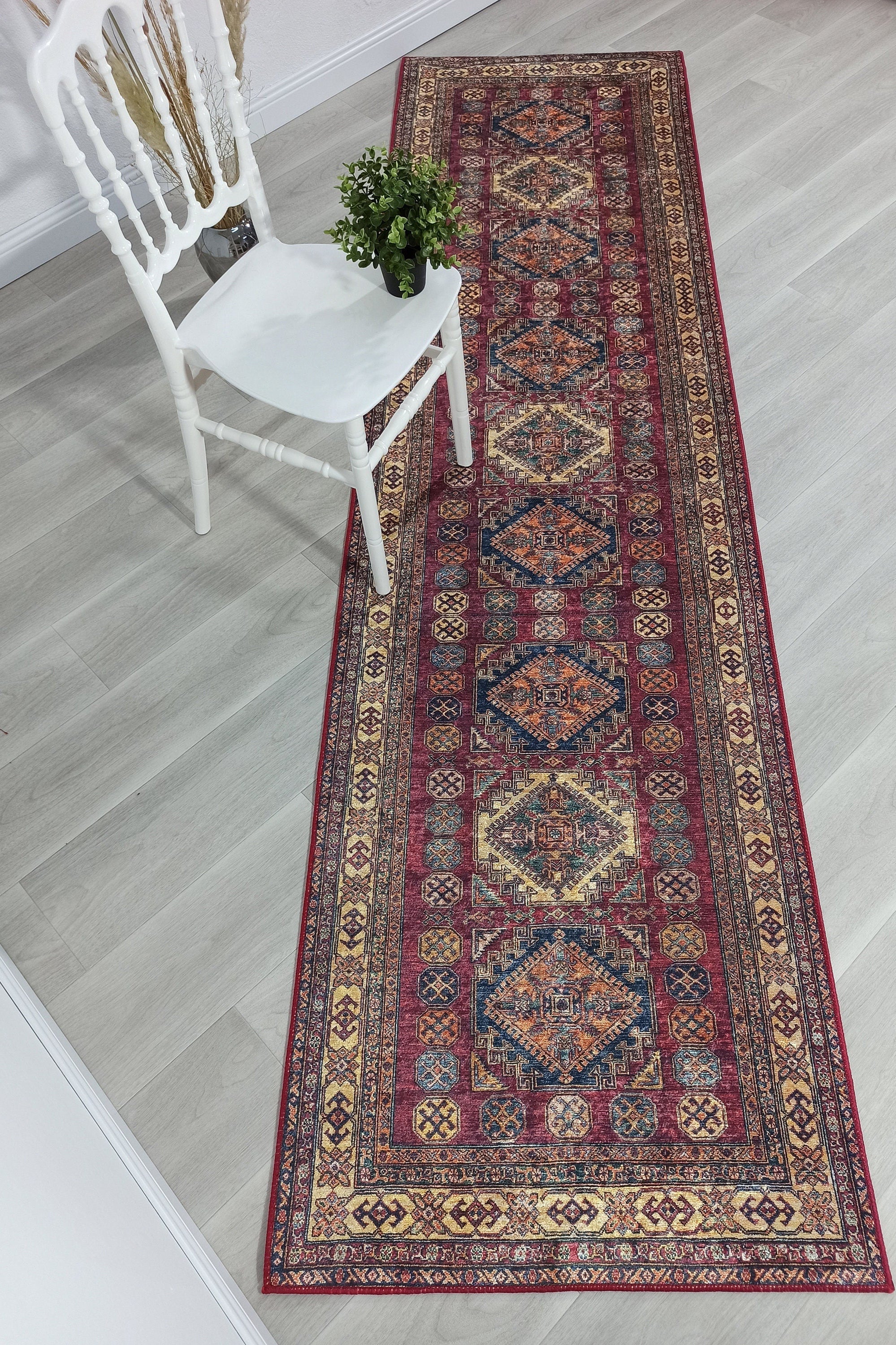 San-Runner Turkish Burgundy Dark Red Runner Rug