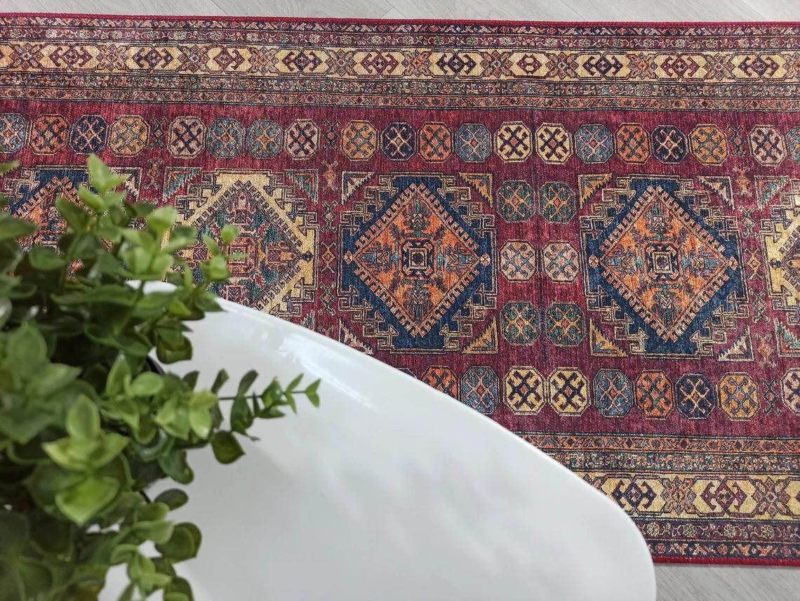 San-Runner Turkish Burgundy Dark Red Runner Rug