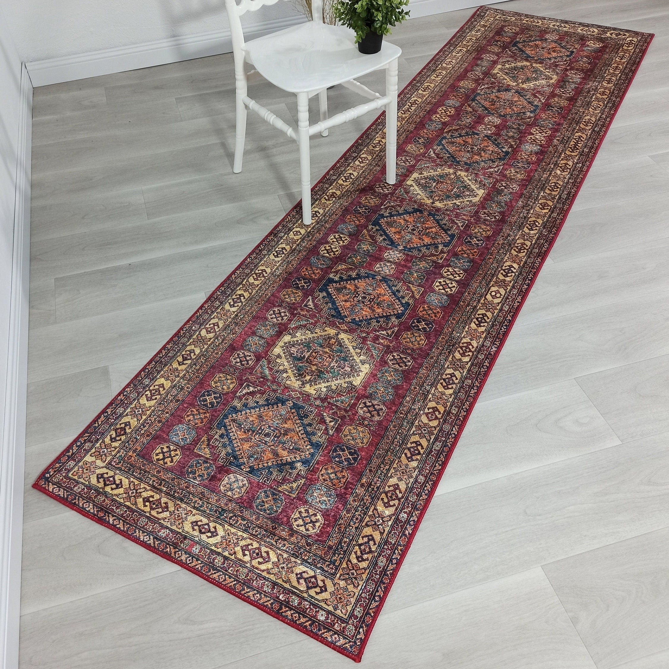 San-Runner Turkish Burgundy Dark Red Runner Rug