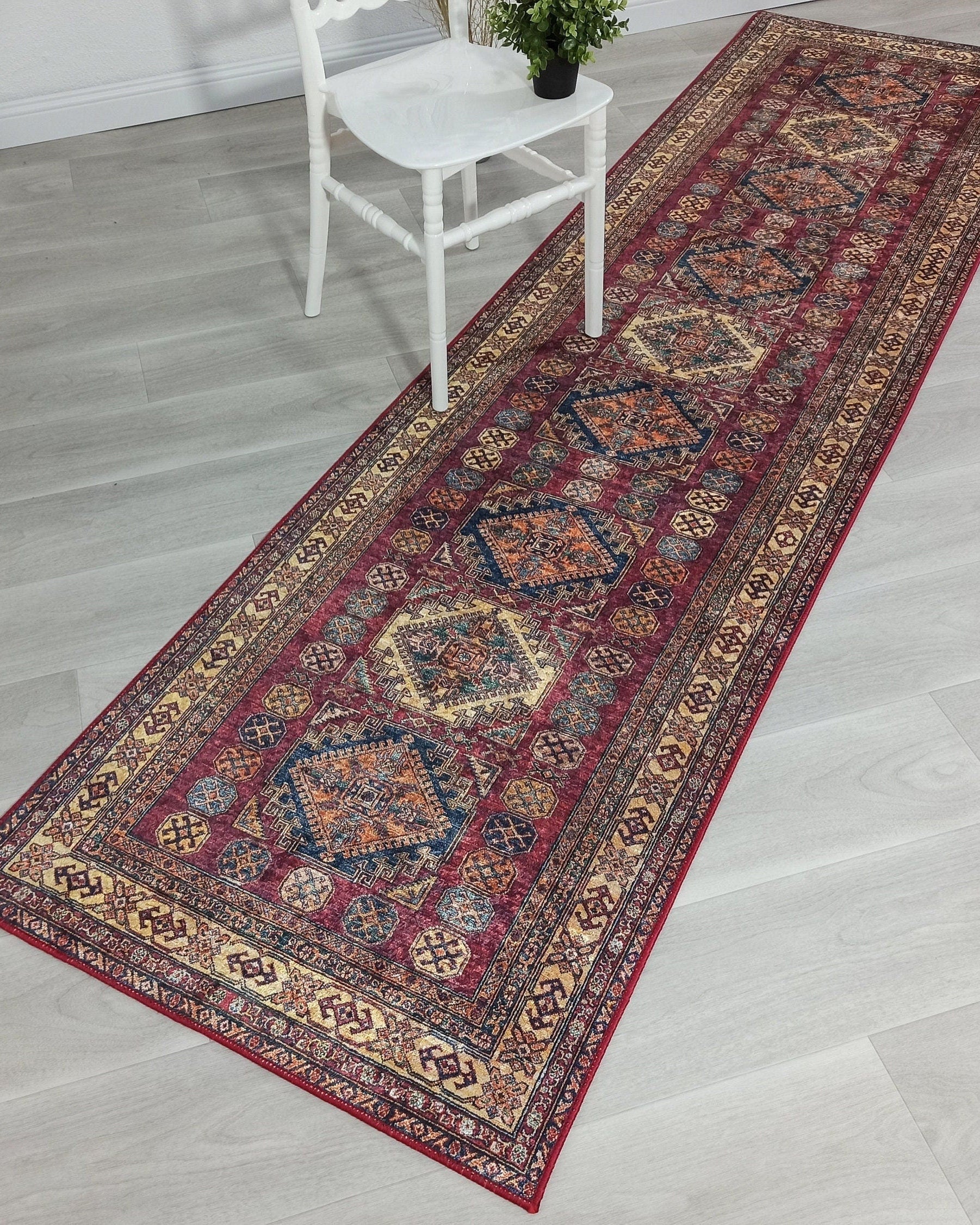 San-Runner Turkish Burgundy Dark Red Runner Rug