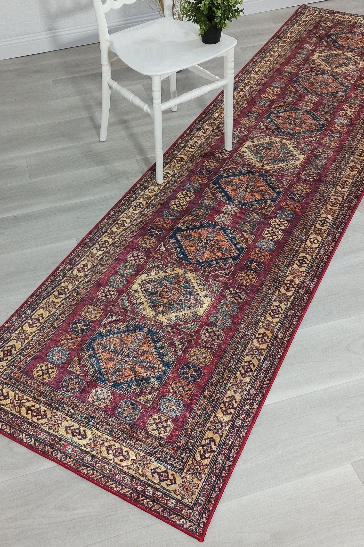 San-Runner Turkish Burgundy Dark Red Runner Rug