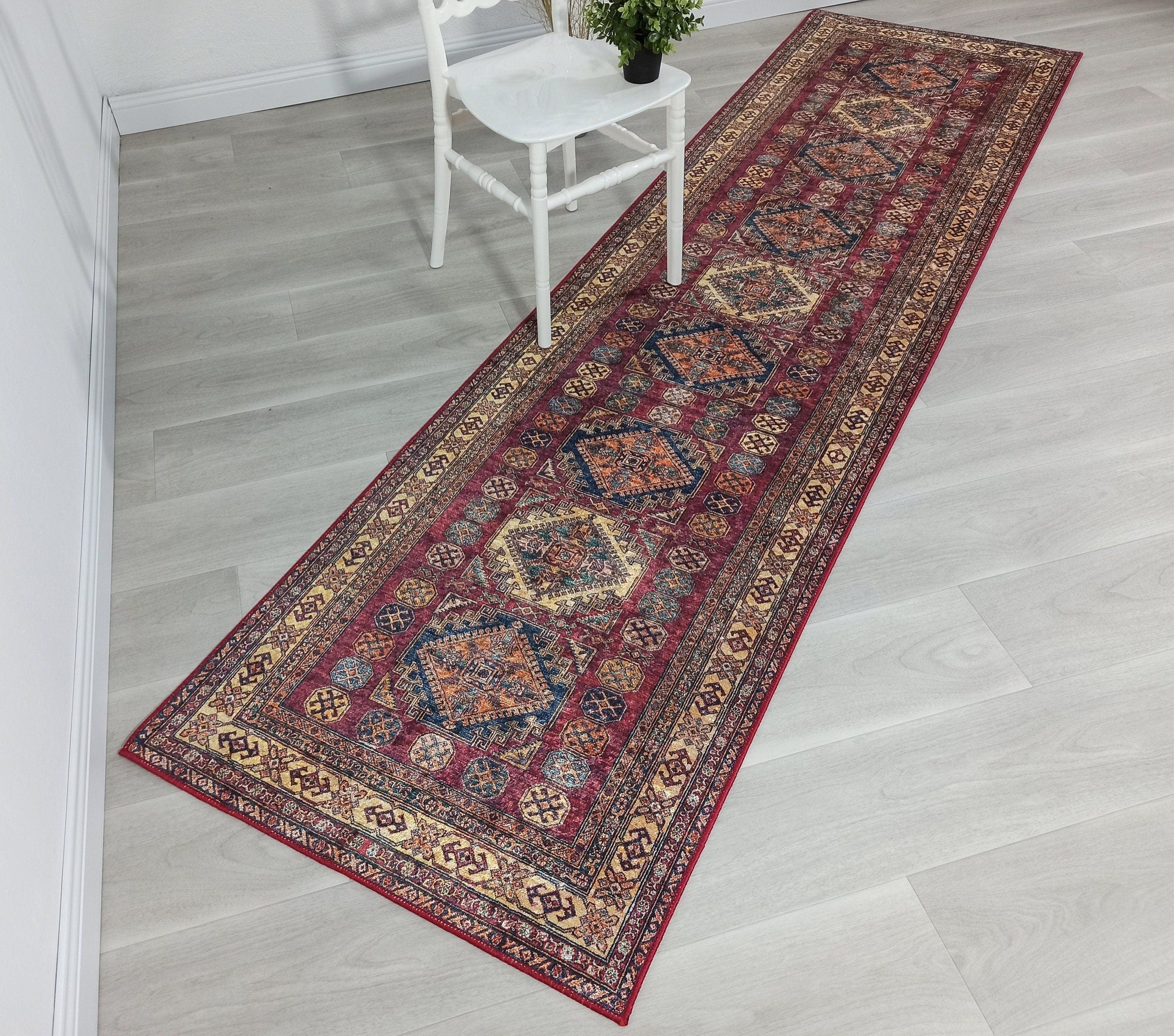 San-Runner Turkish Burgundy Dark Red Runner Rug