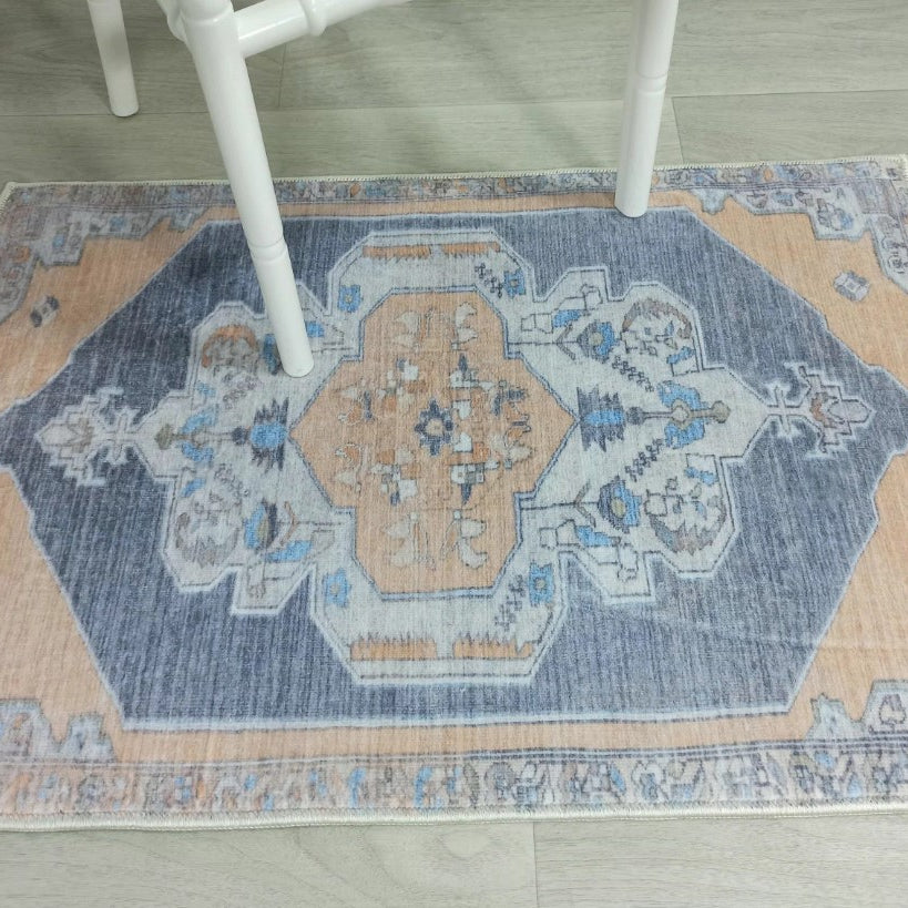 Turkish Rug, Blue Pale Orange Vintage Oushak Geometric Area Rugs