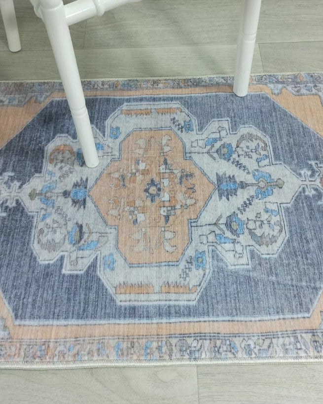 Turkish Rug, Blue Pale Orange Vintage Oushak Geometric Area Rugs