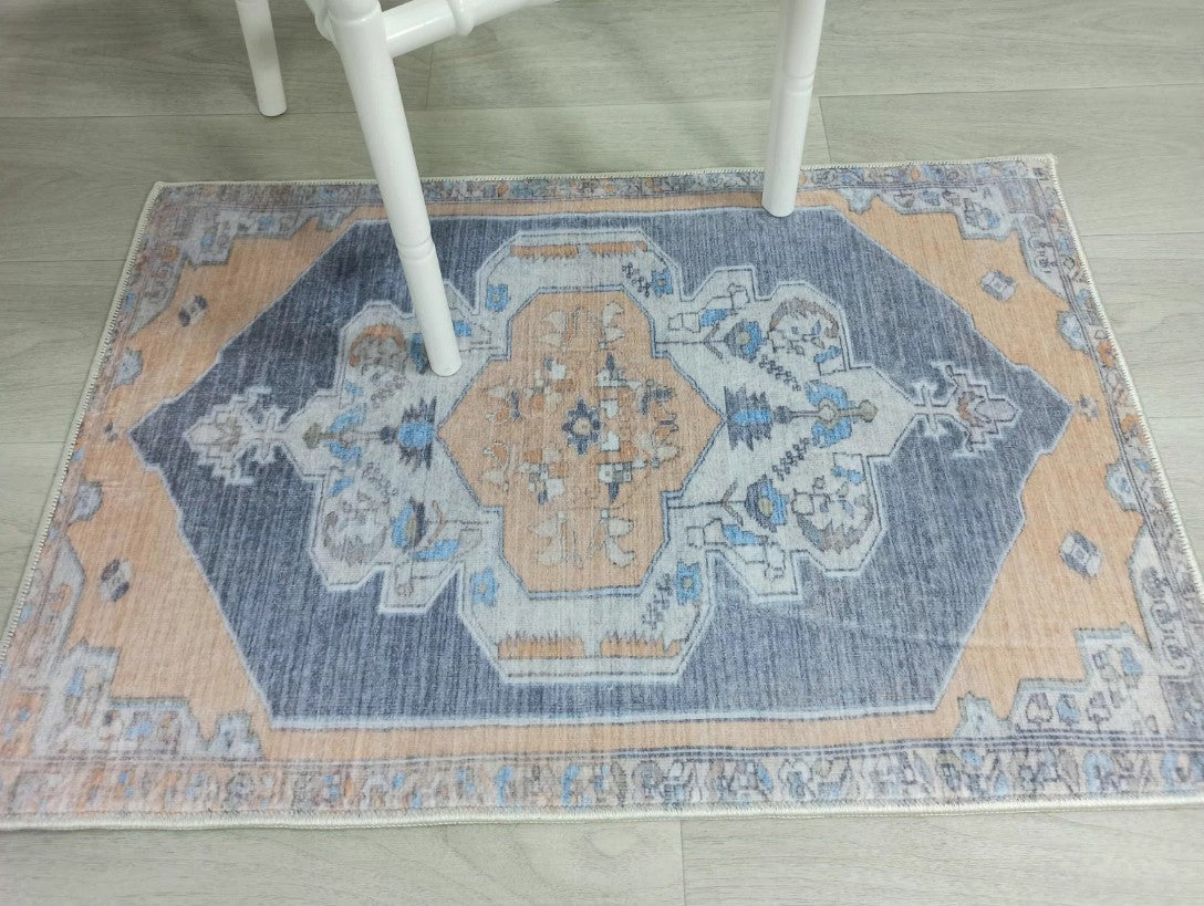 Turkish Rug, Blue Pale Orange Vintage Oushak Geometric Area Rugs