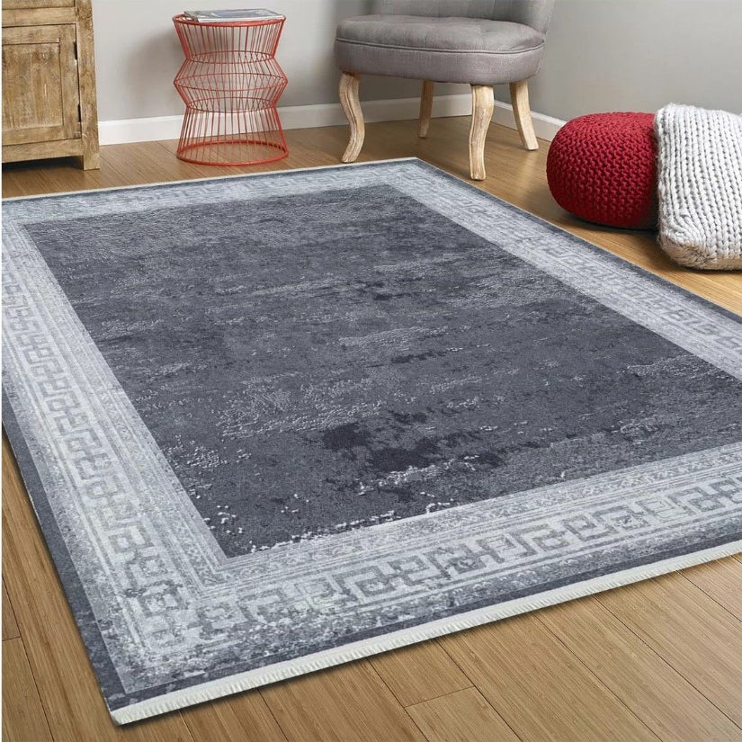 Elmira Marble Solid Grey Greek Key Border Rug