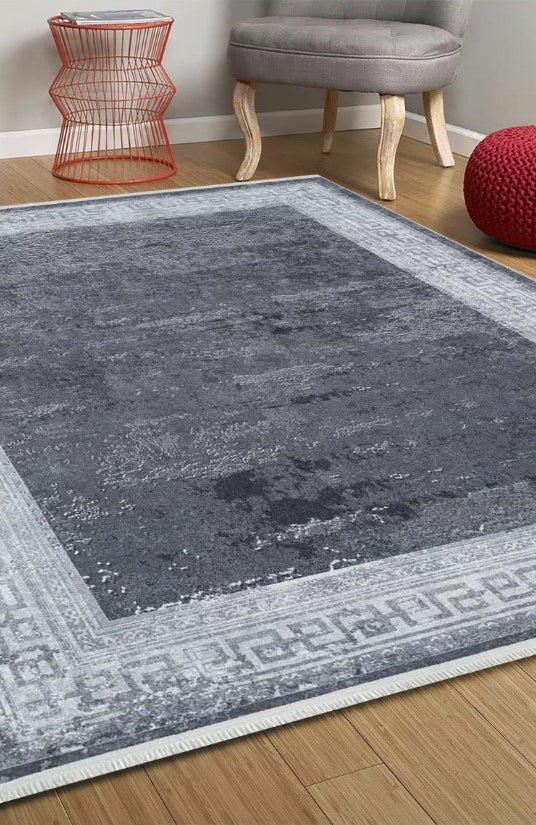 Elmira Marble Solid Grey Greek Key Border Rug
