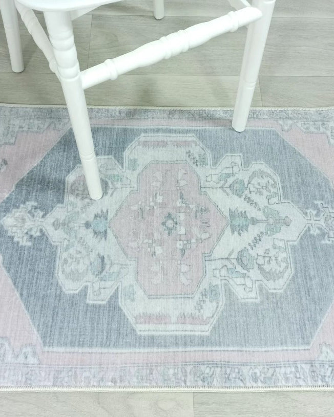 Turkish Rug, Gray Light Pink Ivory Vintage Oushak Geometric Area Rugs
