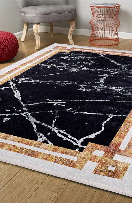 Gamze Marble Style Black White Bordered Geometric Rug