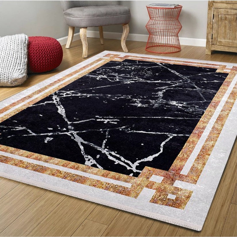Gamze Marble Style Black White Bordered Geometric Rug