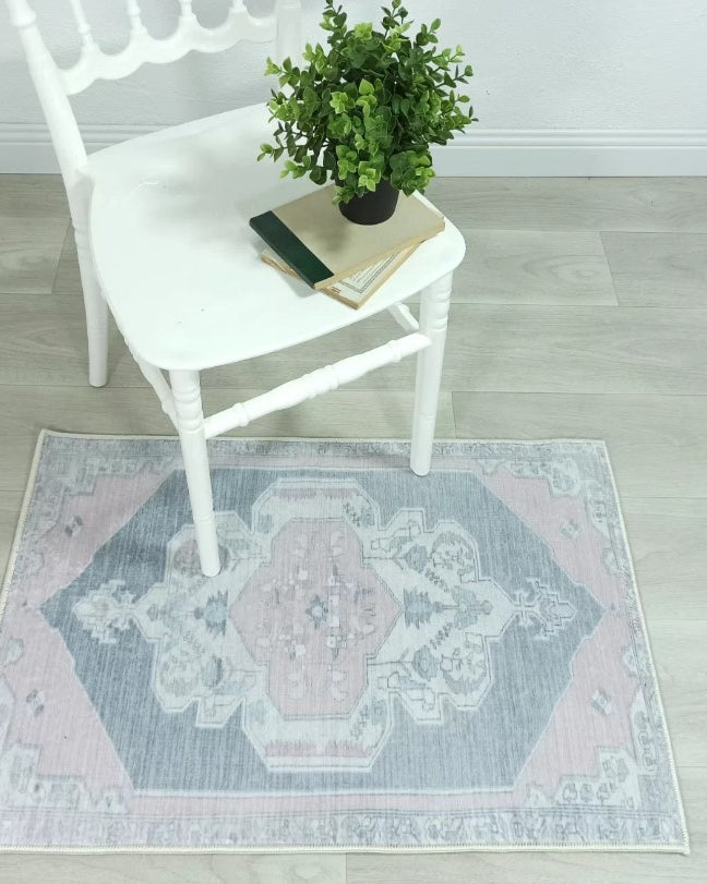 Turkish Rug, Gray Light Pink Ivory Vintage Oushak Geometric Area Rugs