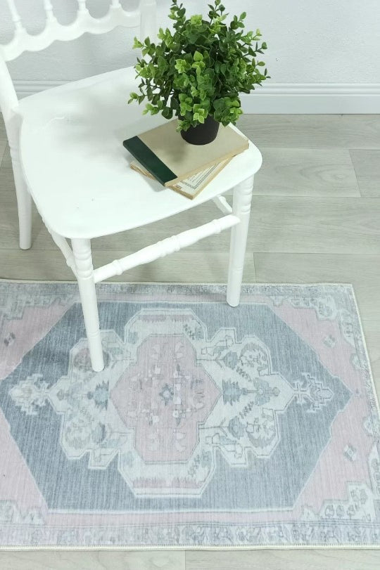 Turkish Rug, Gray Light Pink Ivory Vintage Oushak Geometric Area Rugs