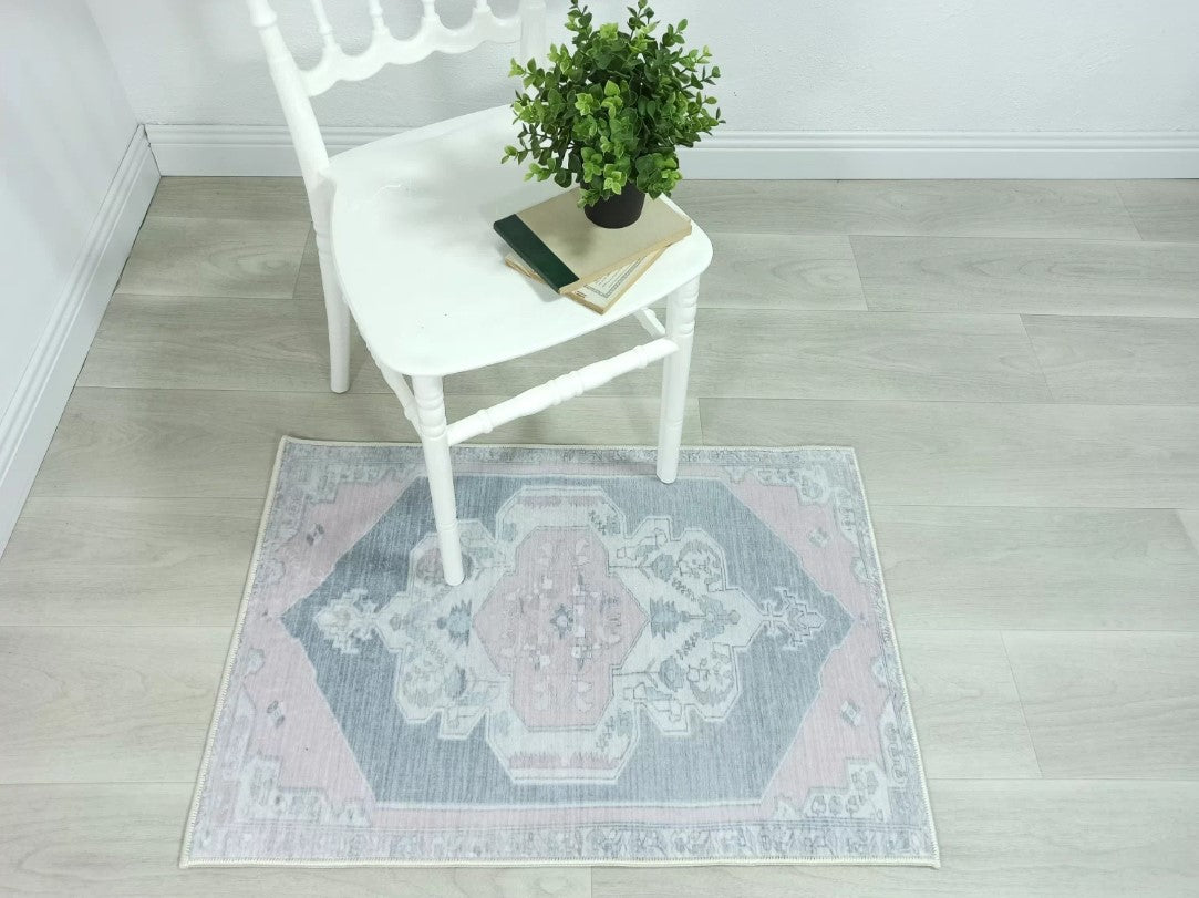 Turkish Rug, Gray Light Pink Ivory Vintage Oushak Geometric Area Rugs