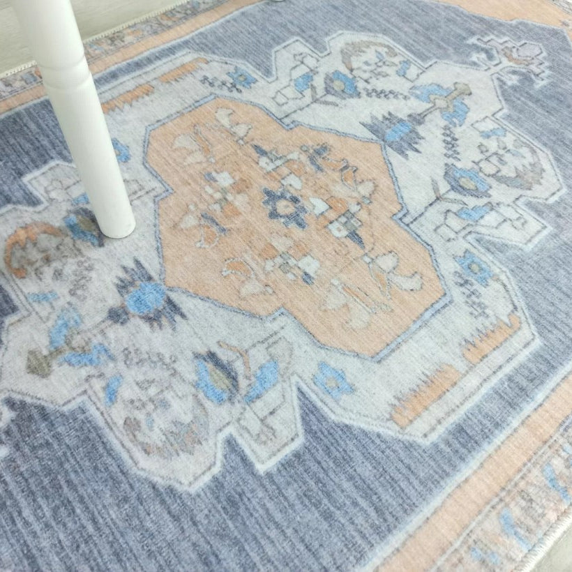 Turkish Rug, Blue Pale Orange Vintage Oushak Geometric Area Rugs