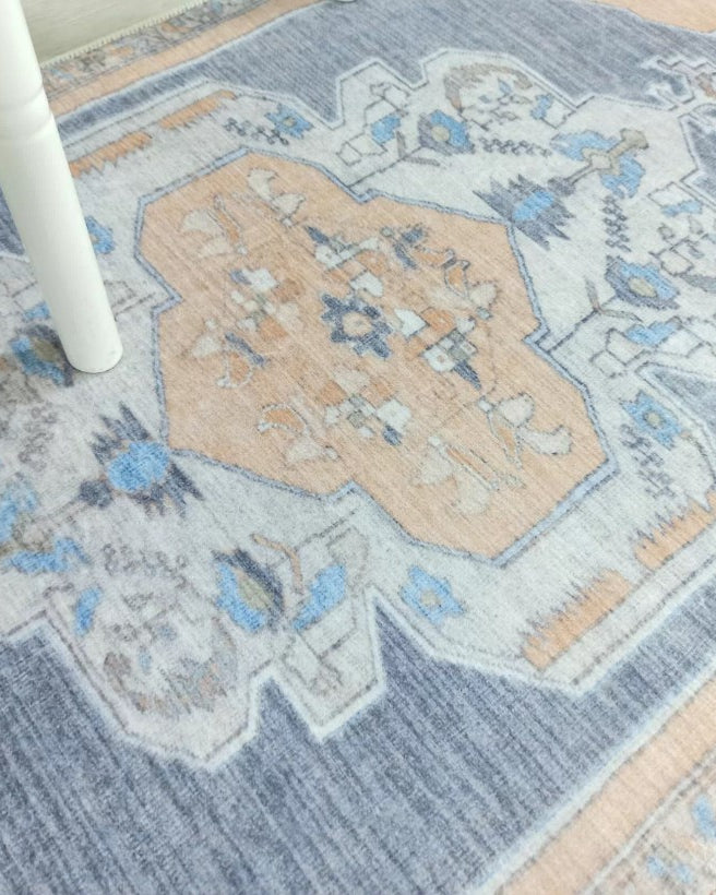 Turkish Rug, Blue Pale Orange Vintage Oushak Geometric Area Rugs