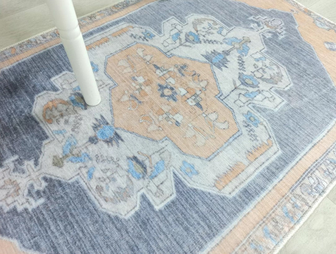 Turkish Rug, Blue Pale Orange Vintage Oushak Geometric Area Rugs