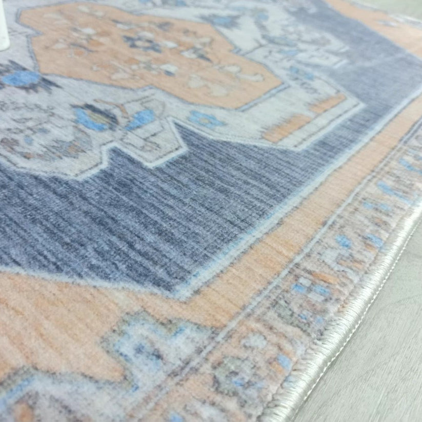 Turkish Rug, Blue Pale Orange Vintage Oushak Geometric Area Rugs