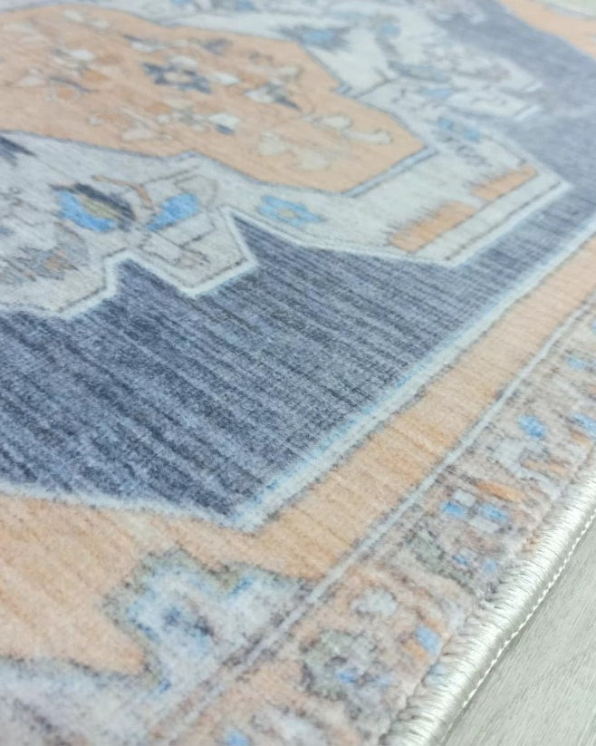 Turkish Rug, Blue Pale Orange Vintage Oushak Geometric Area Rugs