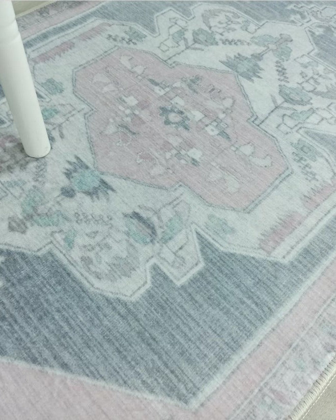 Turkish Rug, Gray Light Pink Ivory Vintage Oushak Geometric Area Rugs