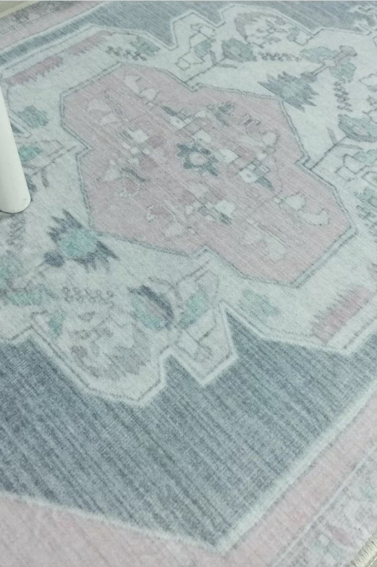 Turkish Rug, Gray Light Pink Ivory Vintage Oushak Geometric Area Rugs