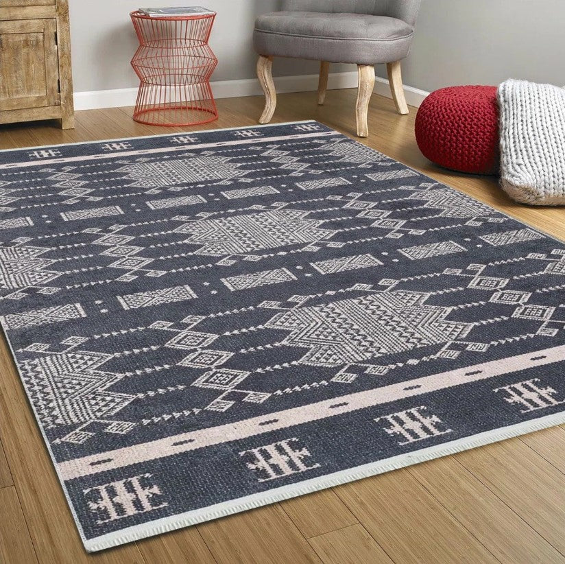Dream Bohemian Geometric Turkish Kilim Black Rug