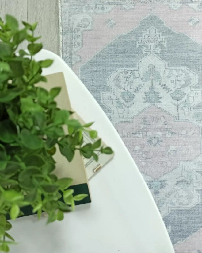 Turkish Rug, Gray Light Pink Ivory Vintage Oushak Geometric Area Rugs