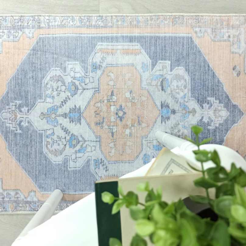 Turkish Rug, Blue Pale Orange Vintage Oushak Geometric Area Rugs