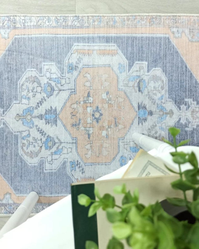 Turkish Rug, Blue Pale Orange Vintage Oushak Geometric Area Rugs