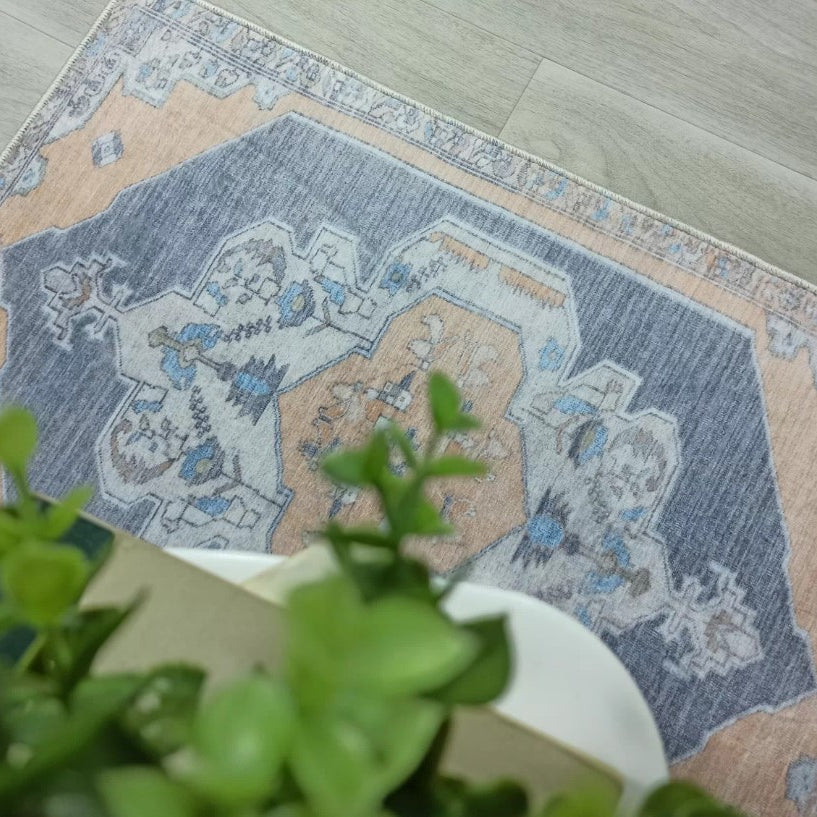 Turkish Rug, Blue Pale Orange Vintage Oushak Geometric Area Rugs