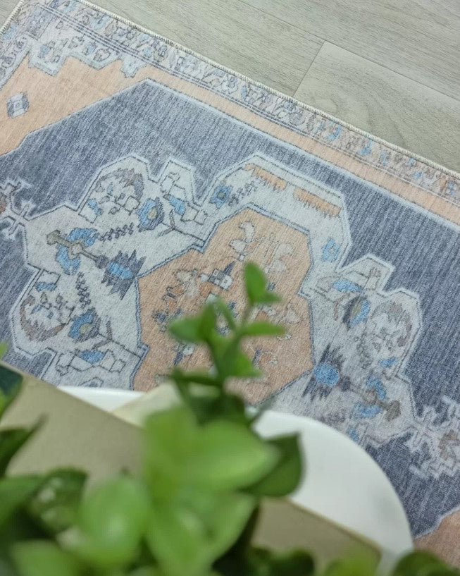 Turkish Rug, Blue Pale Orange Vintage Oushak Geometric Area Rugs