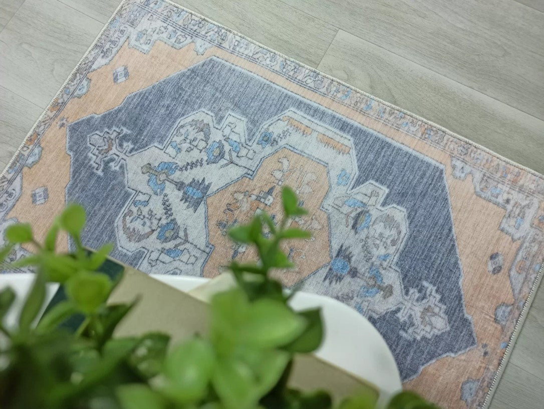 Turkish Rug, Blue Pale Orange Vintage Oushak Geometric Area Rugs