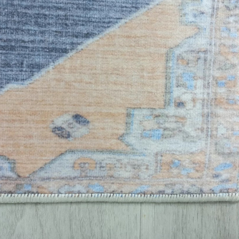 Turkish Rug, Blue Pale Orange Vintage Oushak Geometric Area Rugs