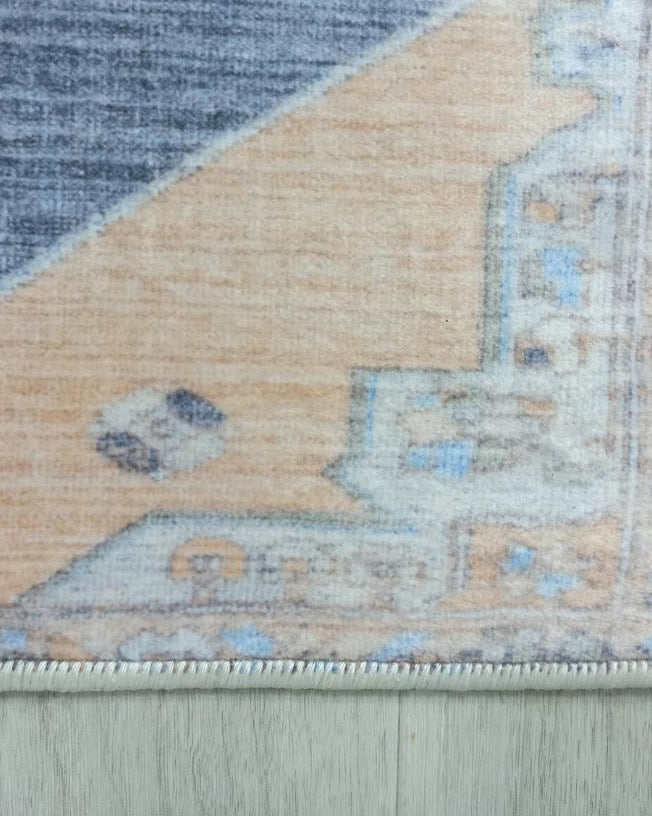 Turkish Rug, Blue Pale Orange Vintage Oushak Geometric Area Rugs