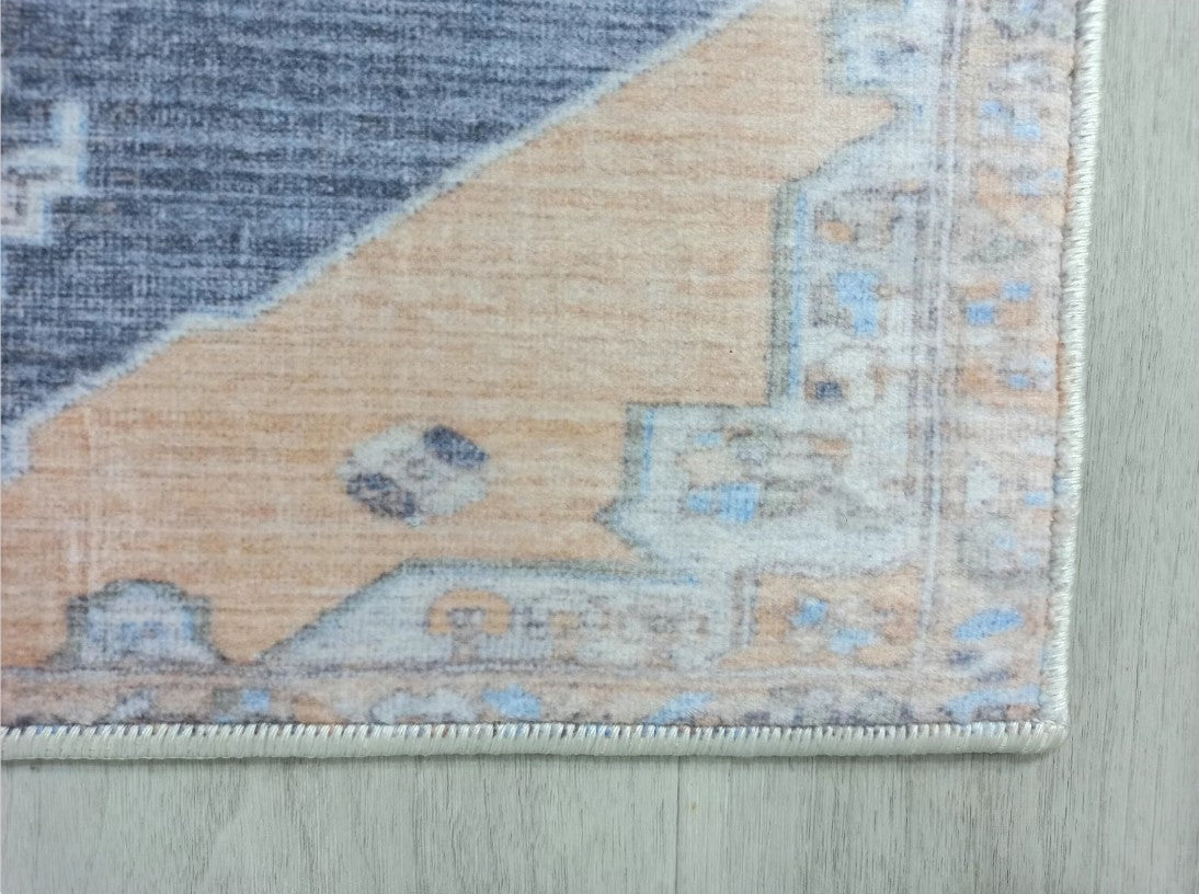 Turkish Rug, Blue Pale Orange Vintage Oushak Geometric Area Rugs