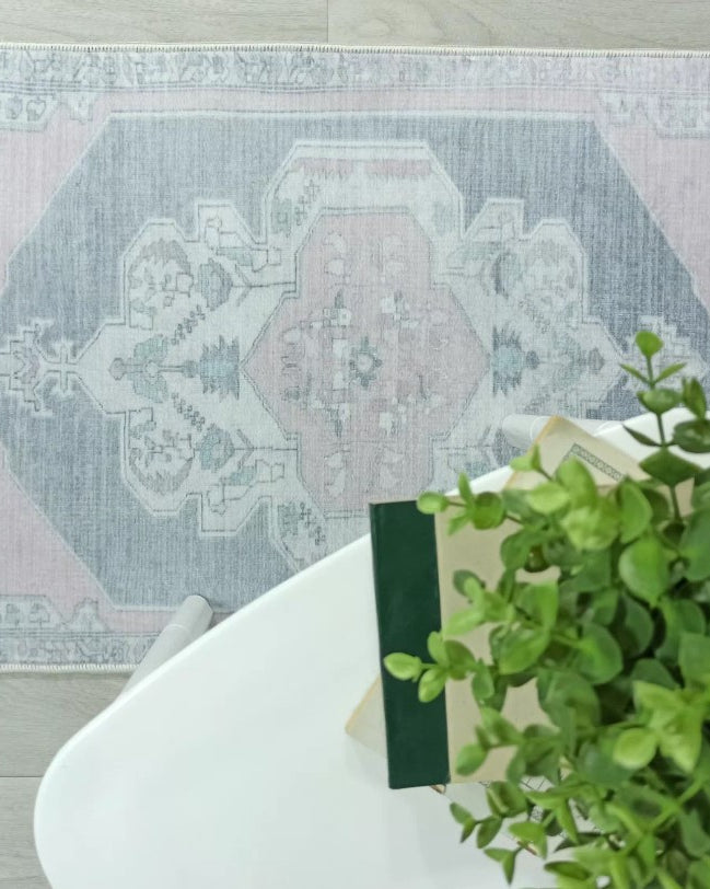 Turkish Rug, Gray Light Pink Ivory Vintage Oushak Geometric Area Rugs